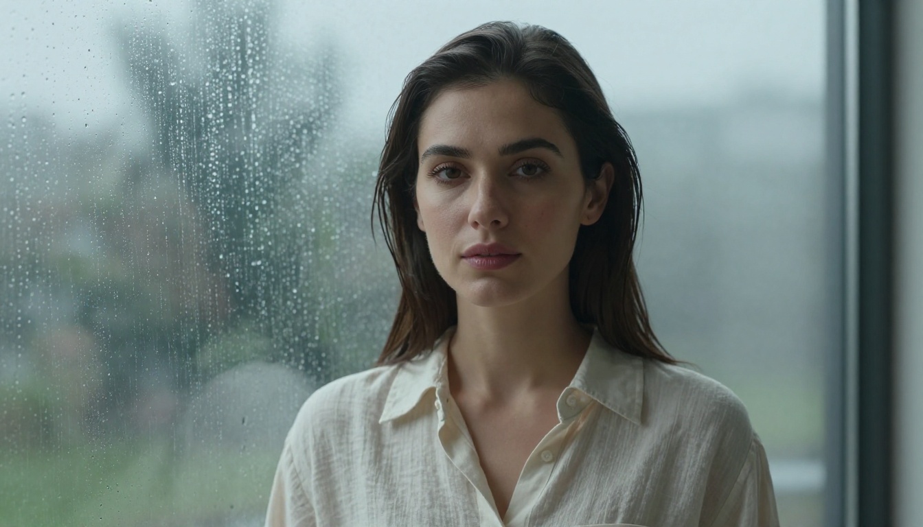 Elegant woman portrait with cinematic rain-streaked window lighting and natural skin detail Elegant woman portrait with cinematic rain-streaked window lighting and natural skin detail