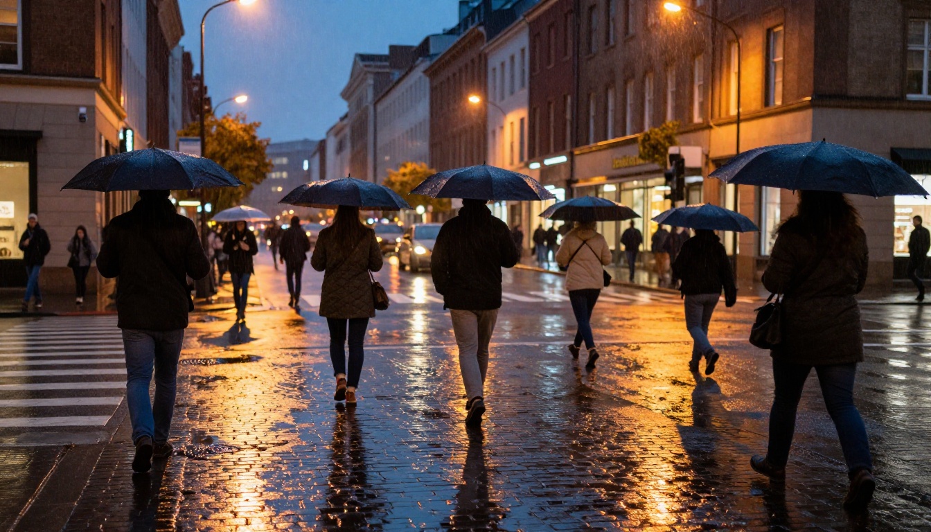 Busy city intersection at blue hour with pedestrians and wet pavement reflections Busy city intersection at blue hour with pedestrians and wet pavement reflections