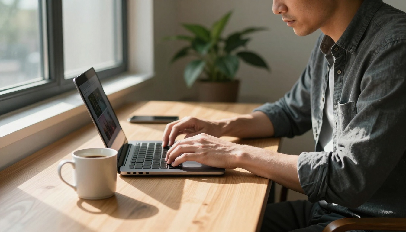 Man reviewing video thumbnails on a laptop with warm morning sunlight Man reviewing video thumbnails on a laptop with warm morning sunlight