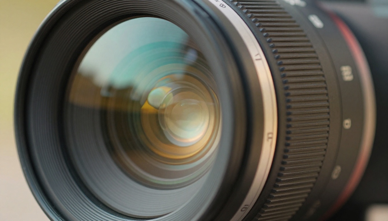 Close-up of a professional cinema camera lens with precision machined barrel and optical coatings Close-up of a professional cinema camera lens with precision machined barrel and optical coatings