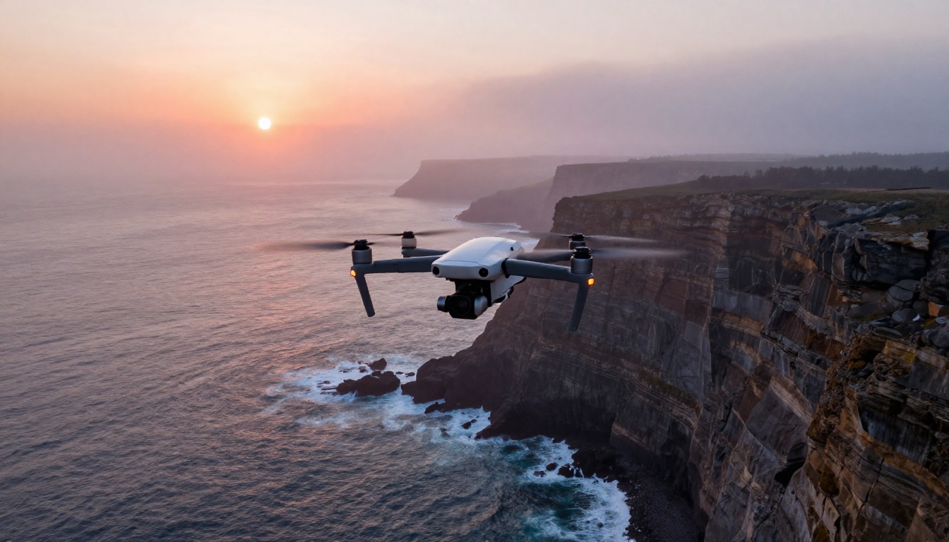 Aerial drone camera rising above coastal cliffs at sunrise