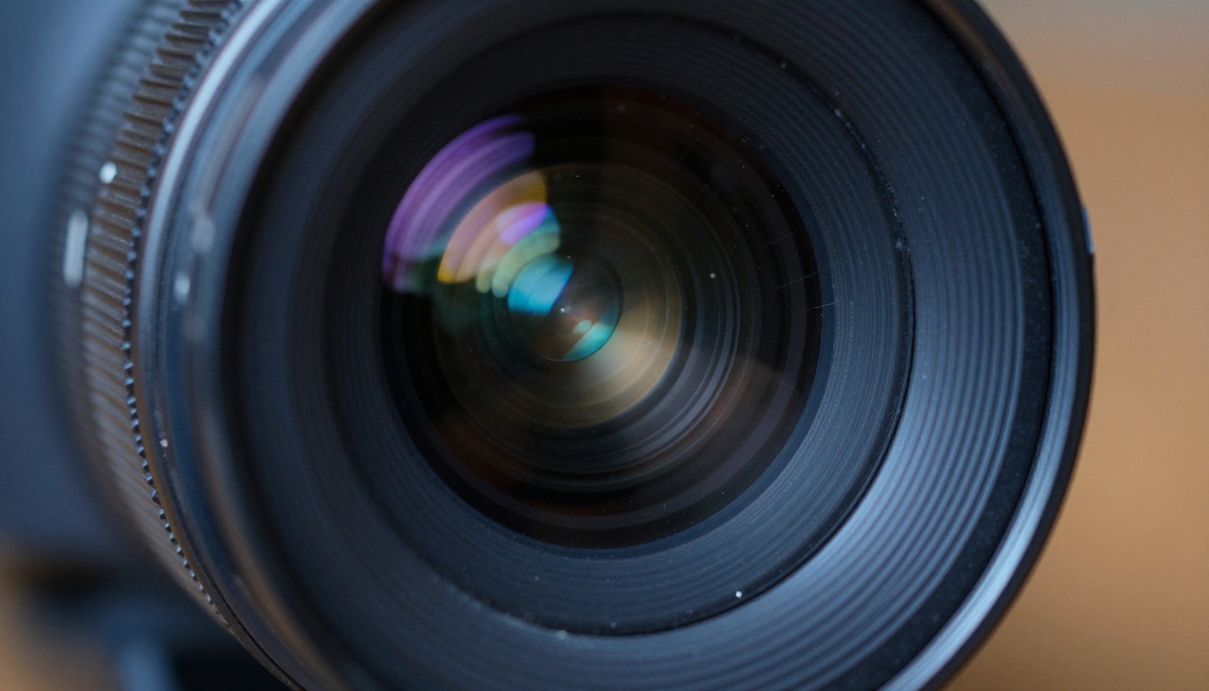 Close-up macro of cinema camera lens glass with coating reflections