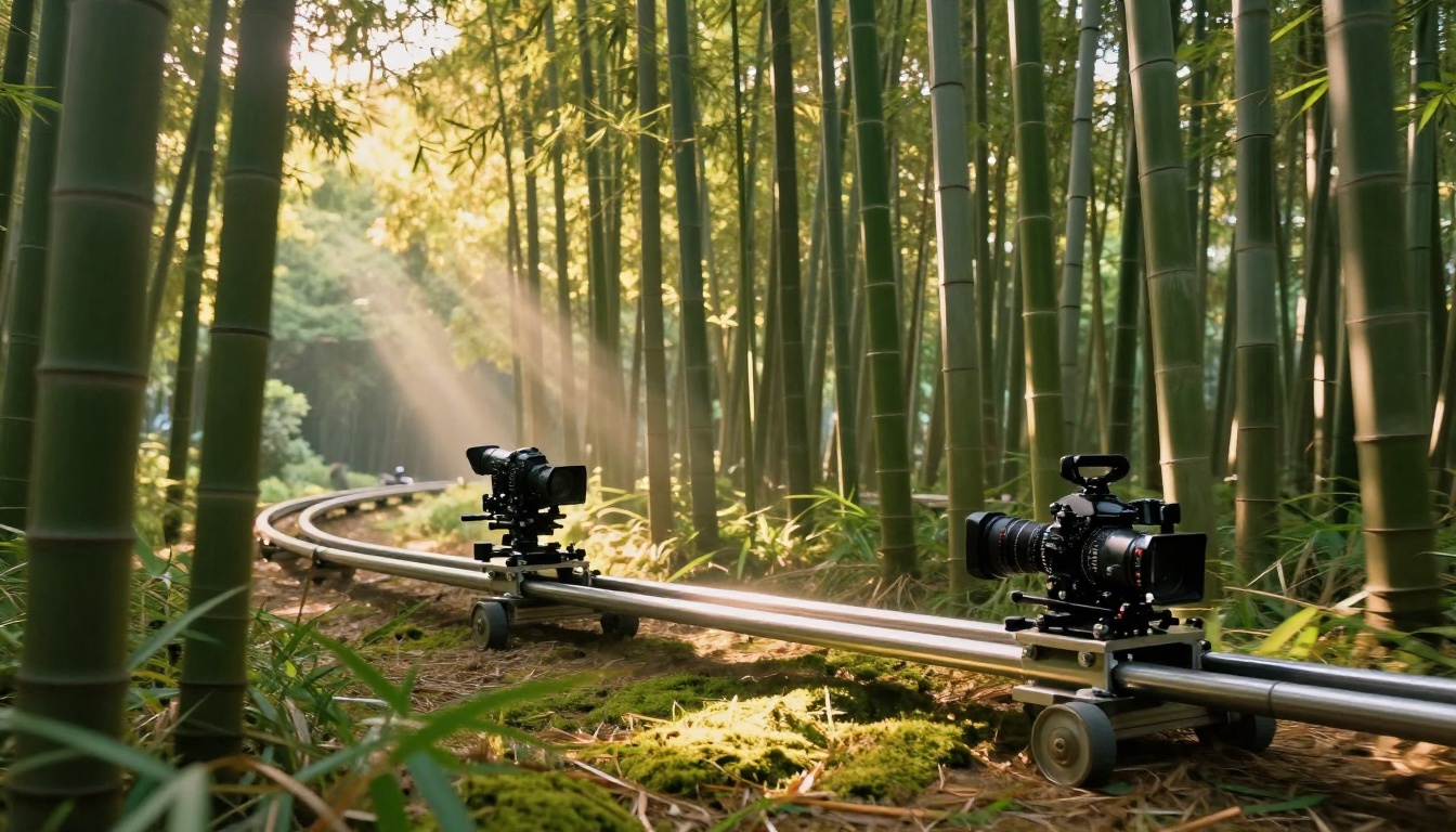 Camera on motorized dolly rail moving through golden bamboo forest