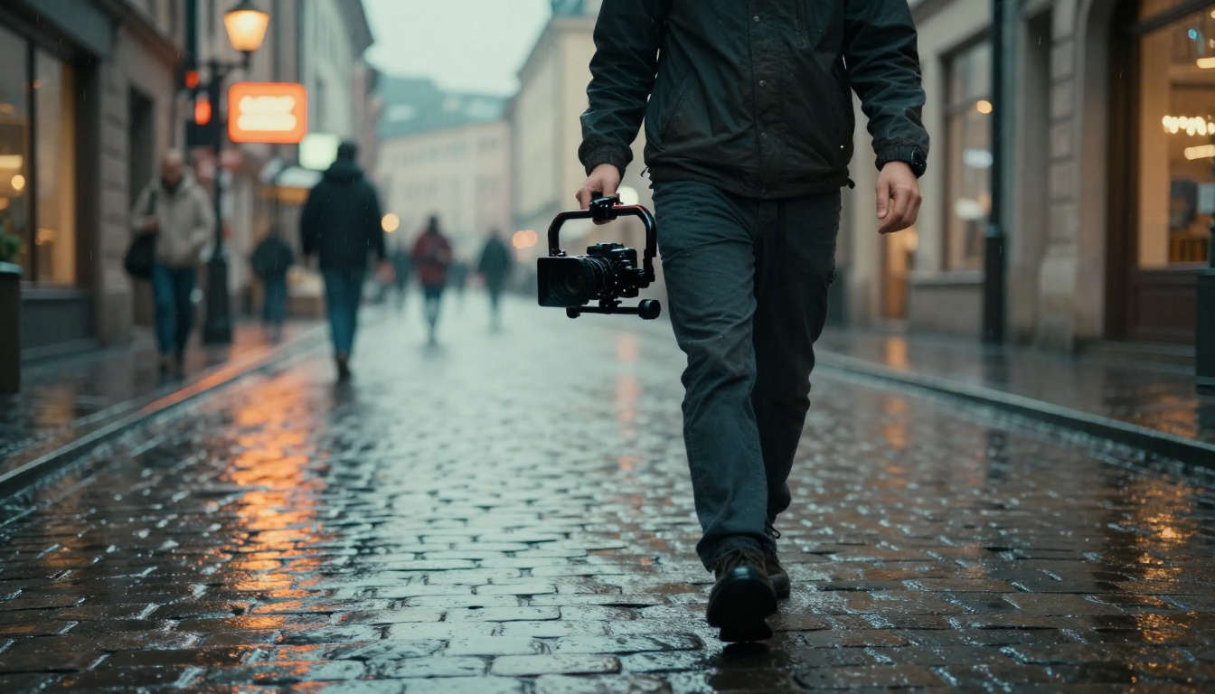 Videographer with 3-axis gimbal stabilizer on rain-soaked cobblestone street
