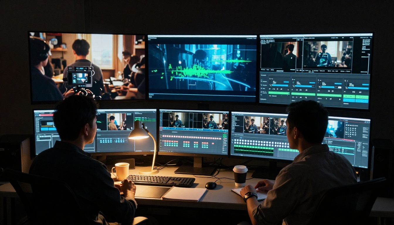 Two film editors at a professional color grading workstation in a dark edit suite