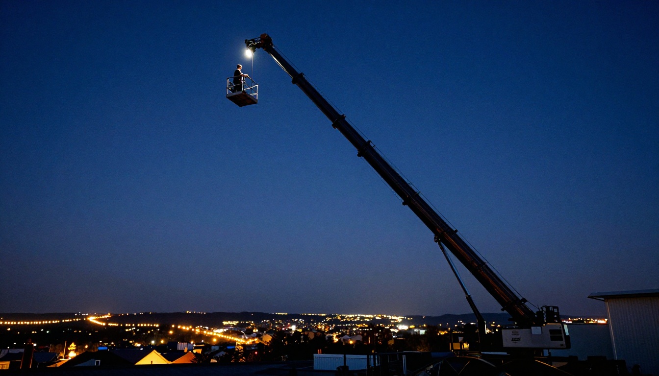 Dramatic low-angle shot of camera operator on crane arm against twilight sky