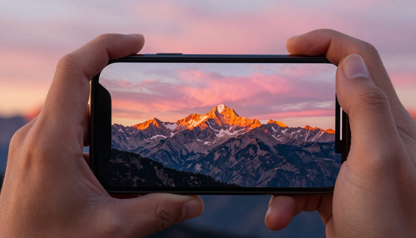 Hand holding smartphone capturing a mountain range sunrise pan shot