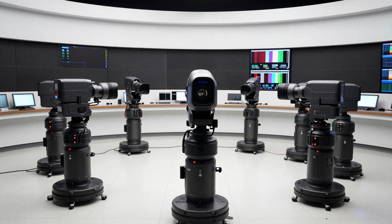 Multiple robotic PTZ cameras arranged in a professional broadcast studio