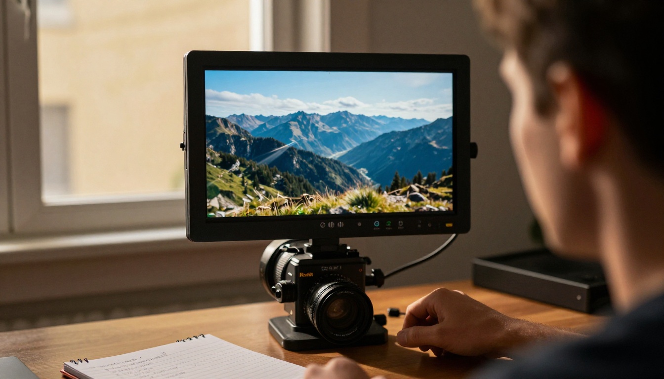 Filmmaker reviewing cinematic footage on a professional cinema monitor