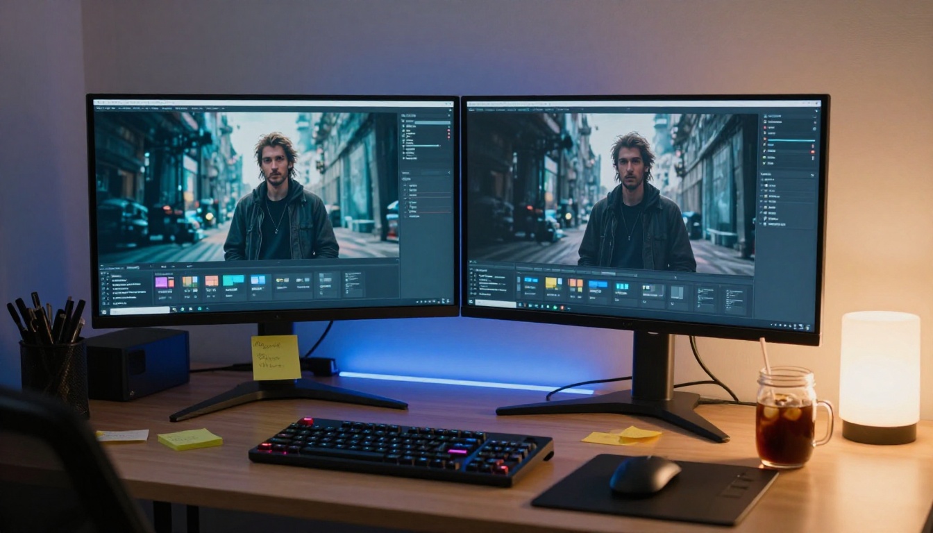 Creator comparing AI video results on a workspace monitor
