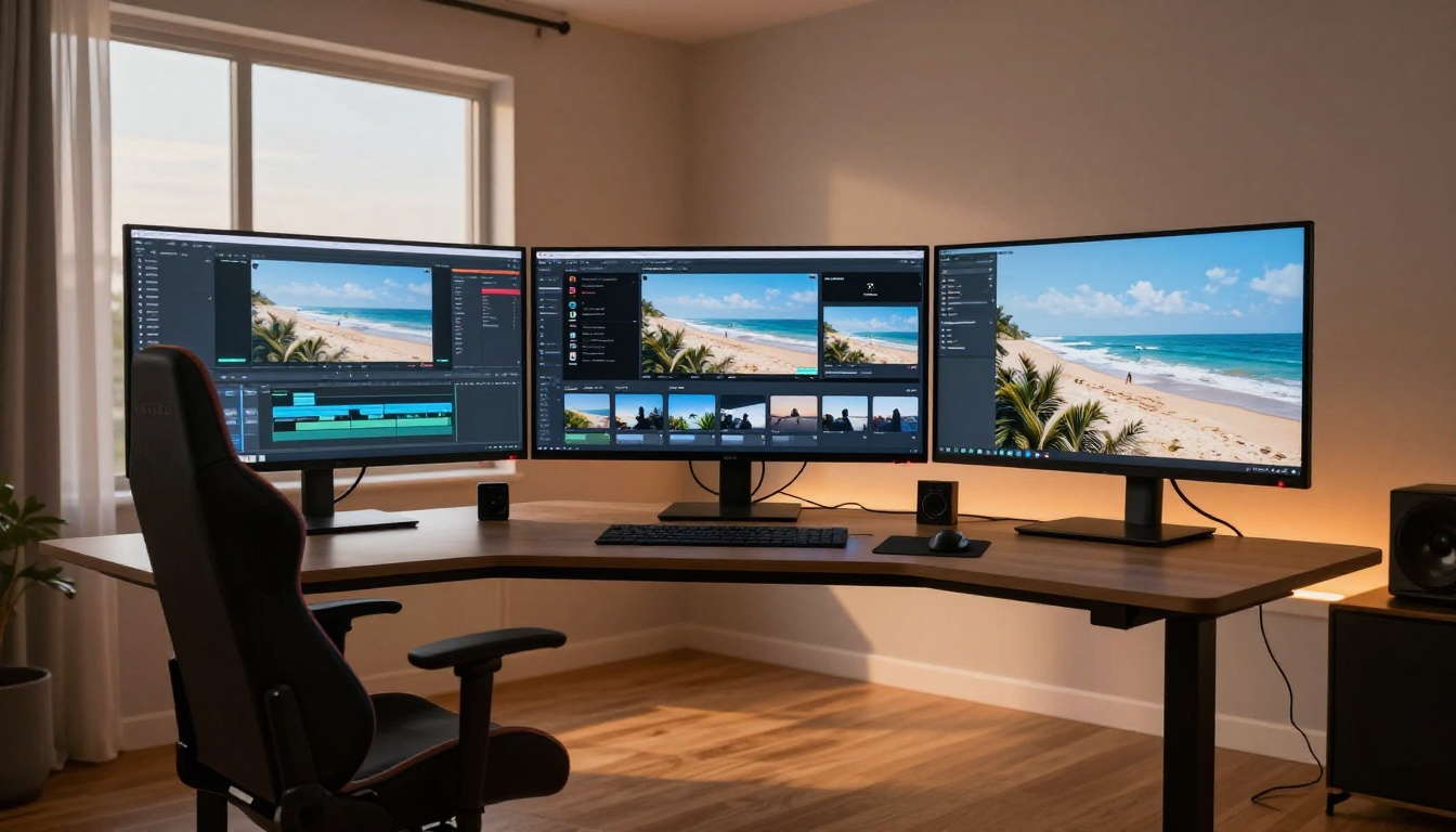 Professional multi-monitor studio setup for AI video production