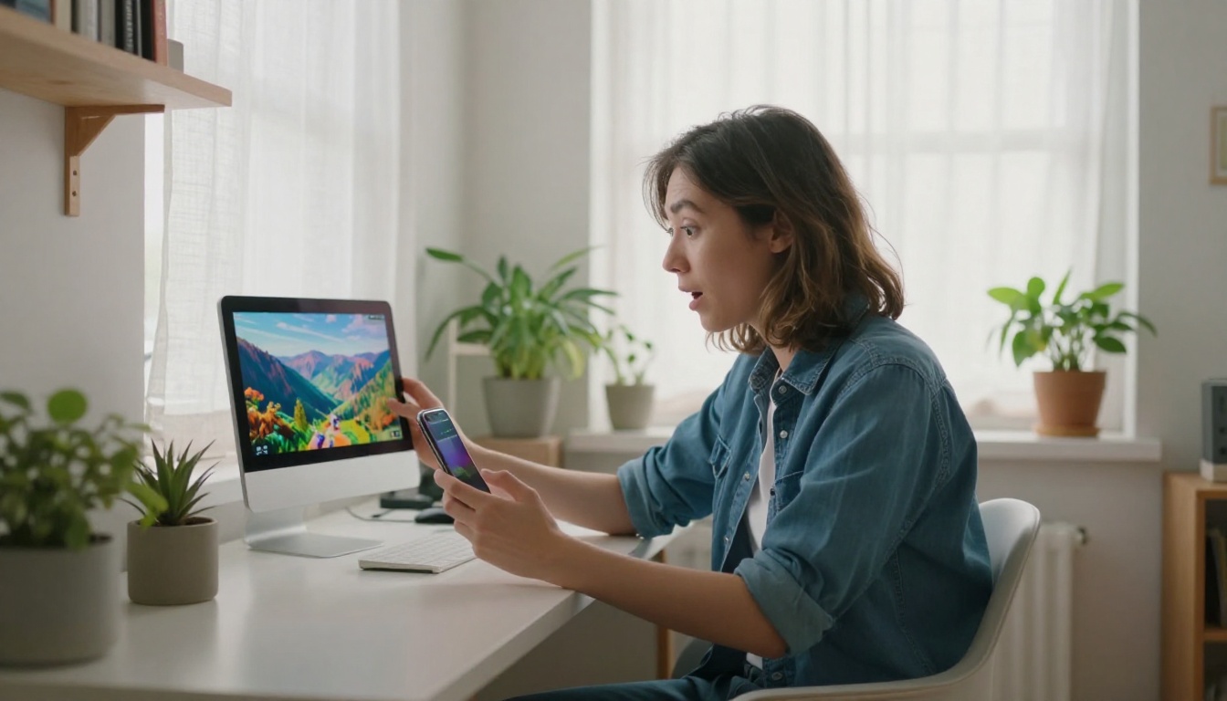 Person watching AI-generated video on smartphone with genuine curiosity Person watching AI-generated video on smartphone with genuine curiosity