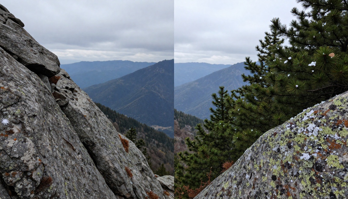 Resolution comparison showing 4K detail versus lower quality on the same mountain scene Resolution comparison showing 4K detail versus lower quality on the same mountain scene