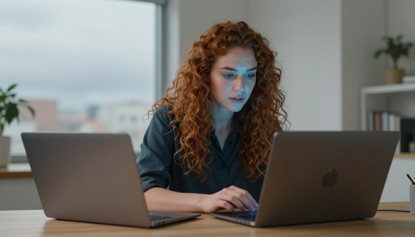Young woman using a laptop in a bright minimalist home office, soft natural light from large windows Young woman using a laptop in a bright minimalist home office, soft natural light from large windows