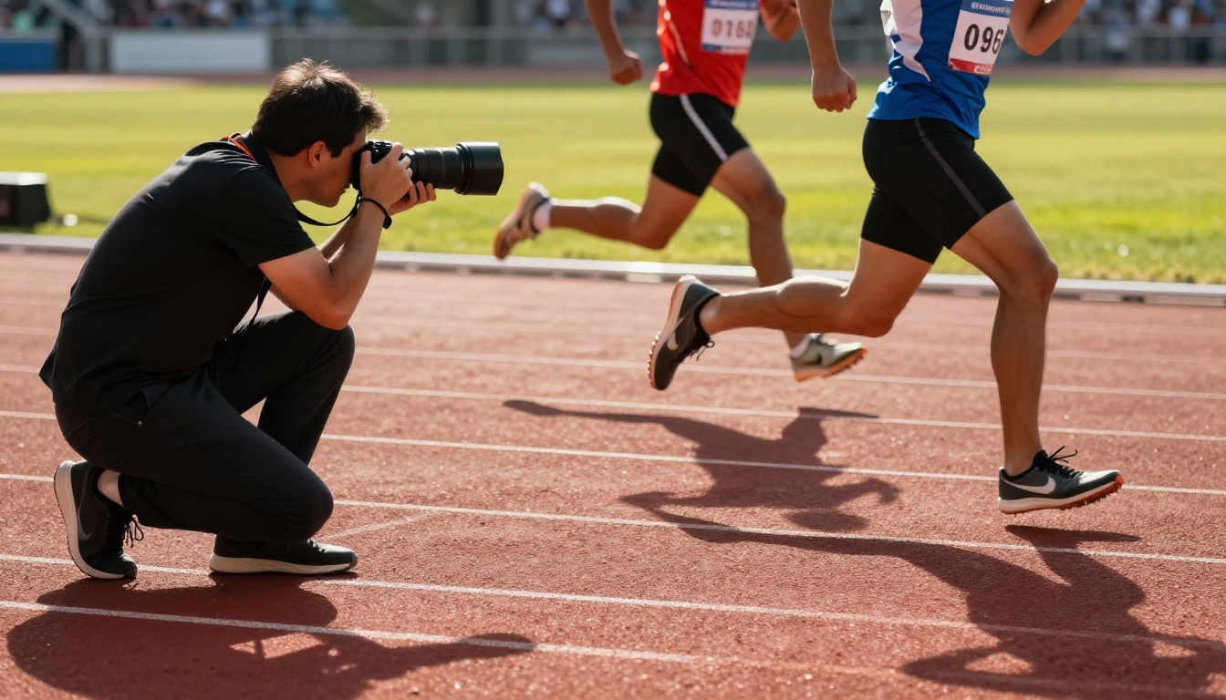 Sports photographer tracking runners with telephoto lens at an athletics stadium, low-angle perspective Sports photographer tracking runners with telephoto lens at an athletics stadium, low-angle perspective