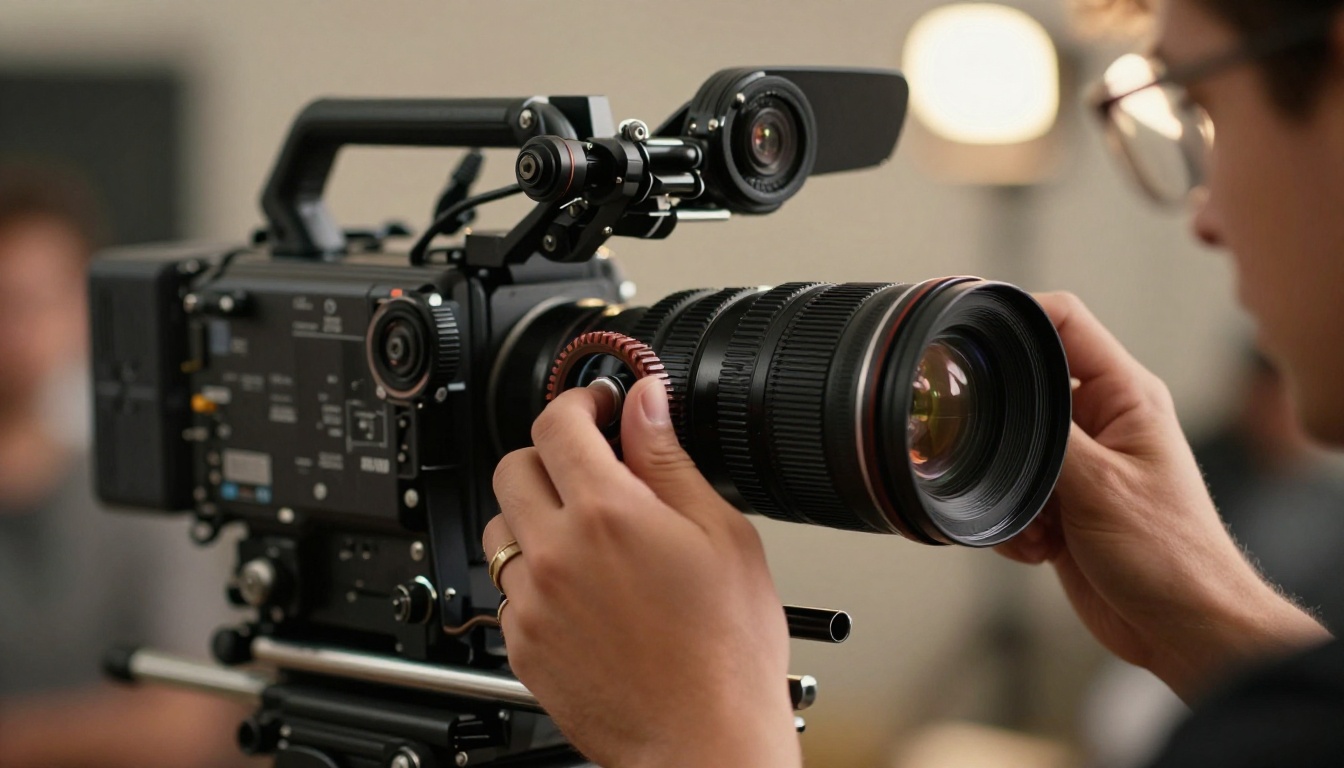 Cinematographer's hands on a cinema camera rig with follow-focus wheel, soft warm key light from right Cinematographer's hands on a cinema camera rig with follow-focus wheel, soft warm key light from right