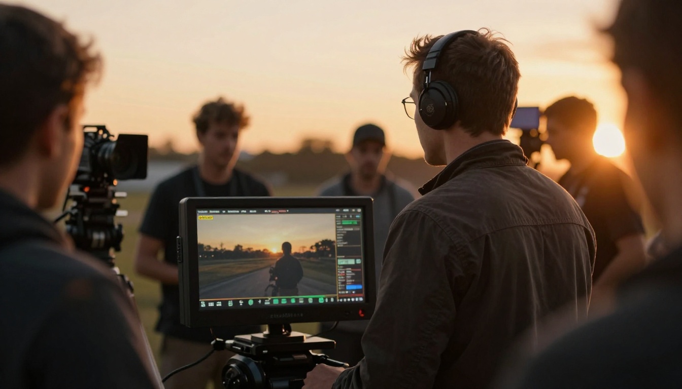 Film director reviewing footage on a monitor during golden hour on a movie set, crew in background bokeh Film director reviewing footage on a monitor during golden hour on a movie set, crew in background bokeh