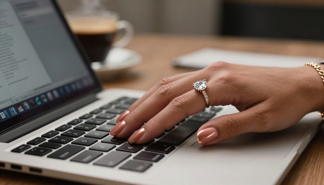 Close-up of woman's hand with rose-gold nails on laptop keyboard in professional workspace Close-up of woman's hand with rose-gold nails on laptop keyboard in professional workspace
