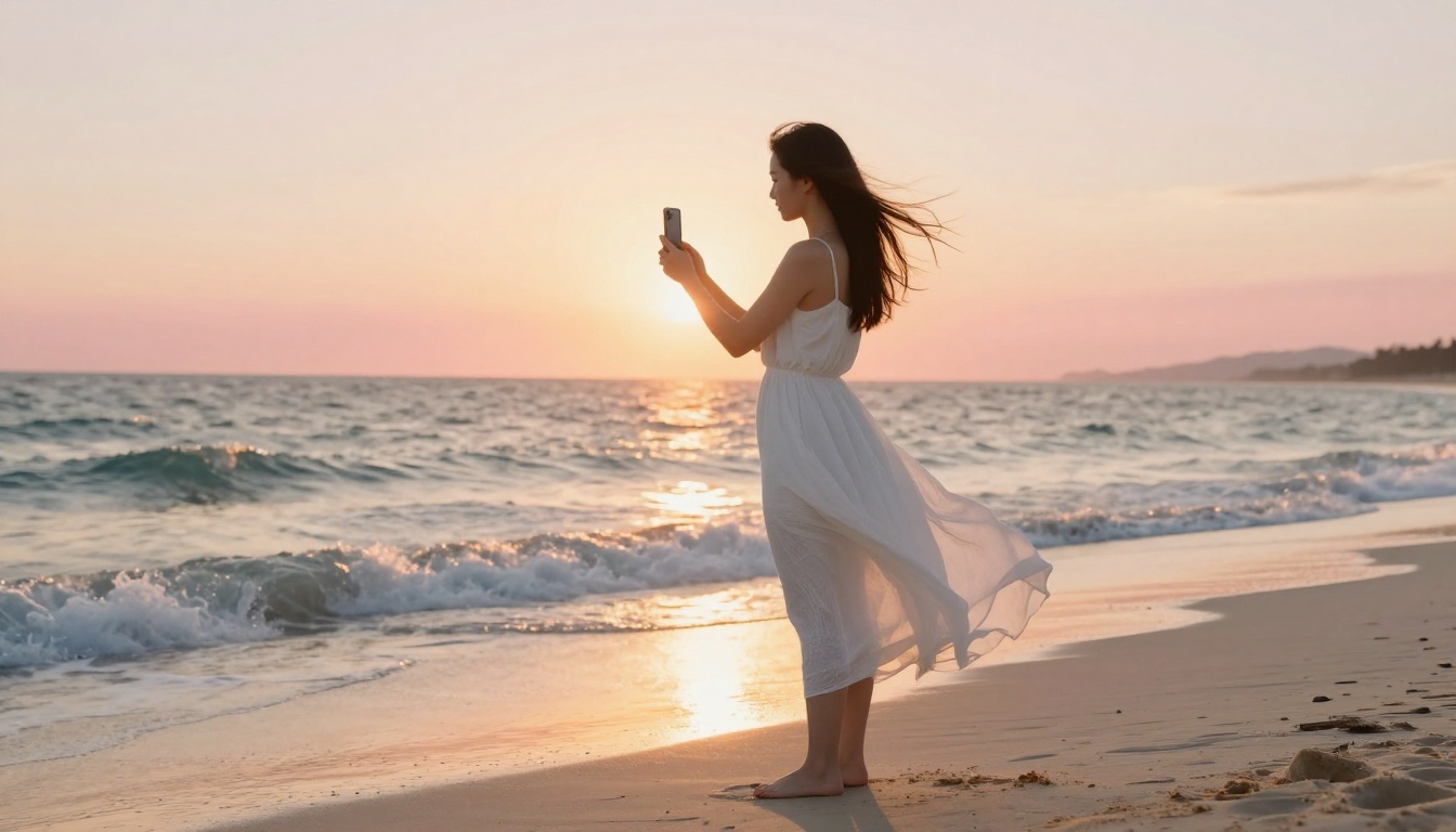 Woman on beach at golden hour holding phone vertically to film a Reel Woman on beach at golden hour holding phone vertically to film a Reel