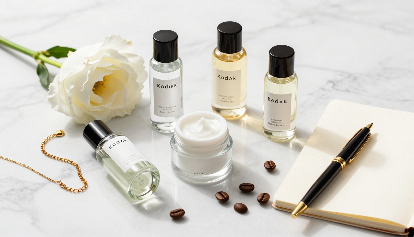 Lifestyle product flat lay with cosmetics, gold jewelry, and accessories on marble surface Lifestyle product flat lay with cosmetics, gold jewelry, and accessories on marble surface