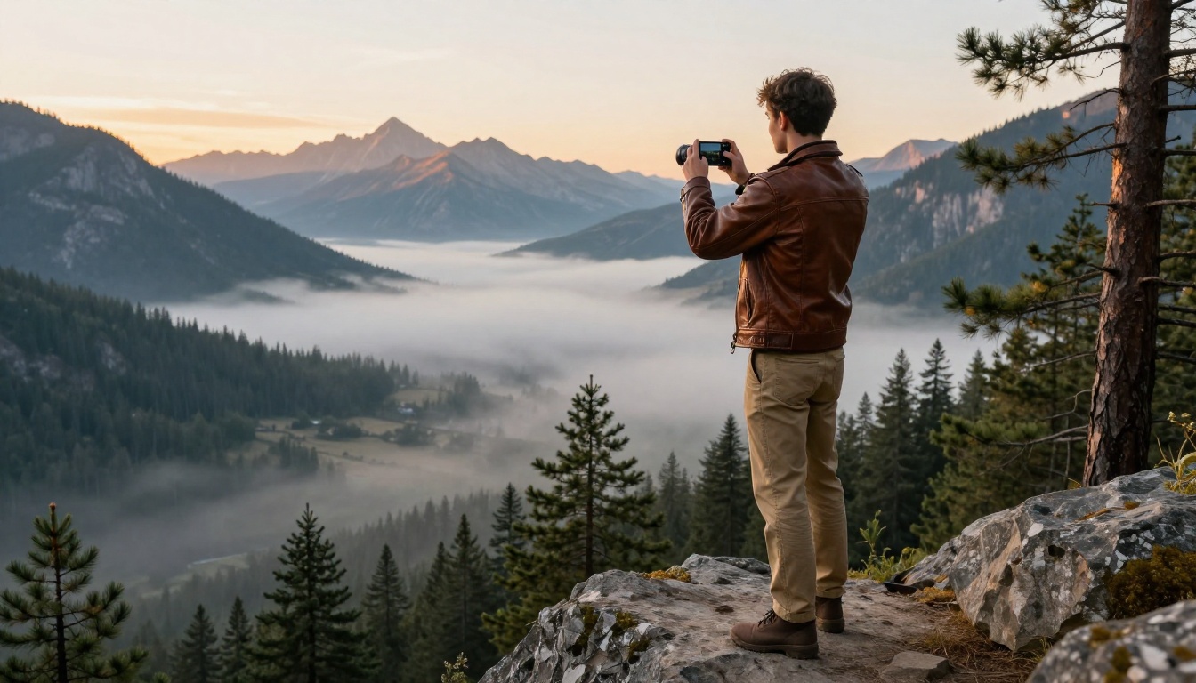 Travel photographer on mountain viewpoint holding phone vertically at sunrise Travel photographer on mountain viewpoint holding phone vertically at sunrise