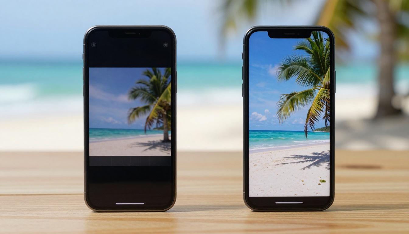 Two smartphones side by side showing low vs high quality vertical video comparison Two smartphones side by side showing low vs high quality vertical video comparison