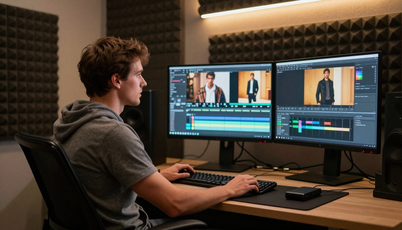 Professional video editor reviewing ad footage on a color-calibrated monitor in a professional editing suite Professional video editor reviewing ad footage on a color-calibrated monitor in a professional editing suite