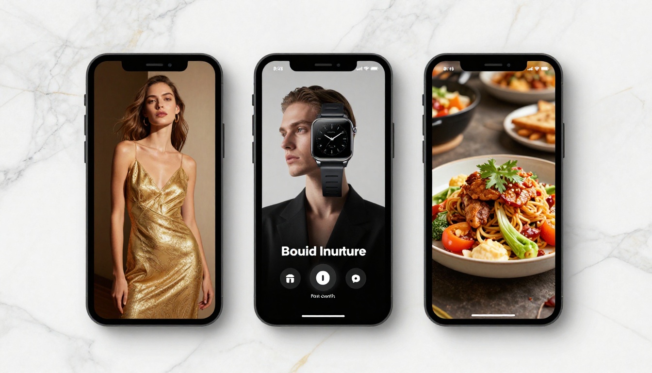 Three smartphones side by side showing different polished social media video ad formats on a marble surface Three smartphones side by side showing different polished social media video ad formats on a marble surface