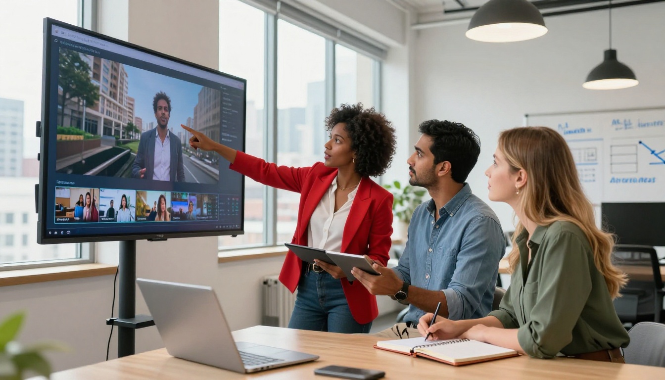 Diverse marketing team reviewing AI video ad performance on a large wall-mounted screen in a bright office Diverse marketing team reviewing AI video ad performance on a large wall-mounted screen in a bright office