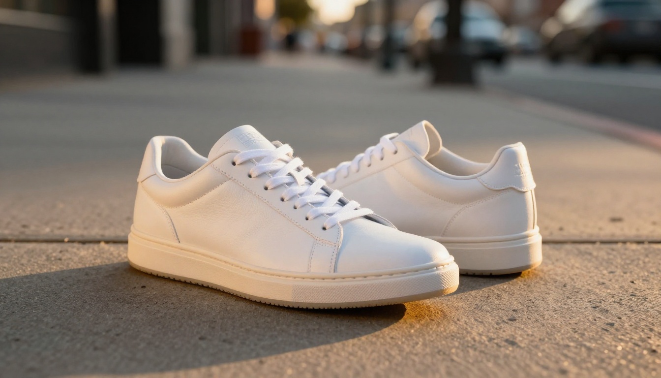 Premium white leather sneakers photographed at golden hour on a concrete sidewalk for a product advertisement Premium white leather sneakers photographed at golden hour on a concrete sidewalk for a product advertisement