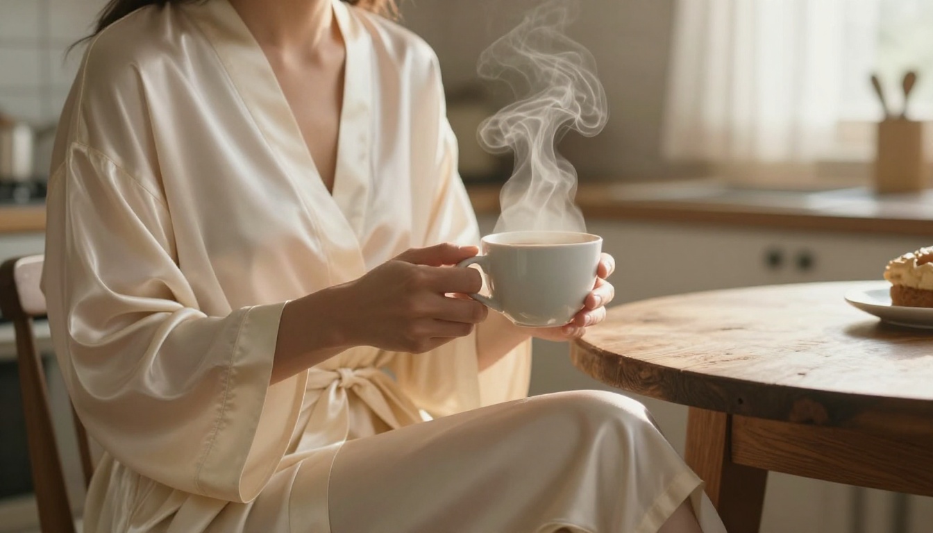 Woman in cream silk robe holding coffee cup at rustic kitchen table, dawn light through sheer curtains, steam rising, intimate domestic scene Woman in cream silk robe holding coffee cup at rustic kitchen table, dawn light through sheer curtains, steam rising, intimate domestic scene