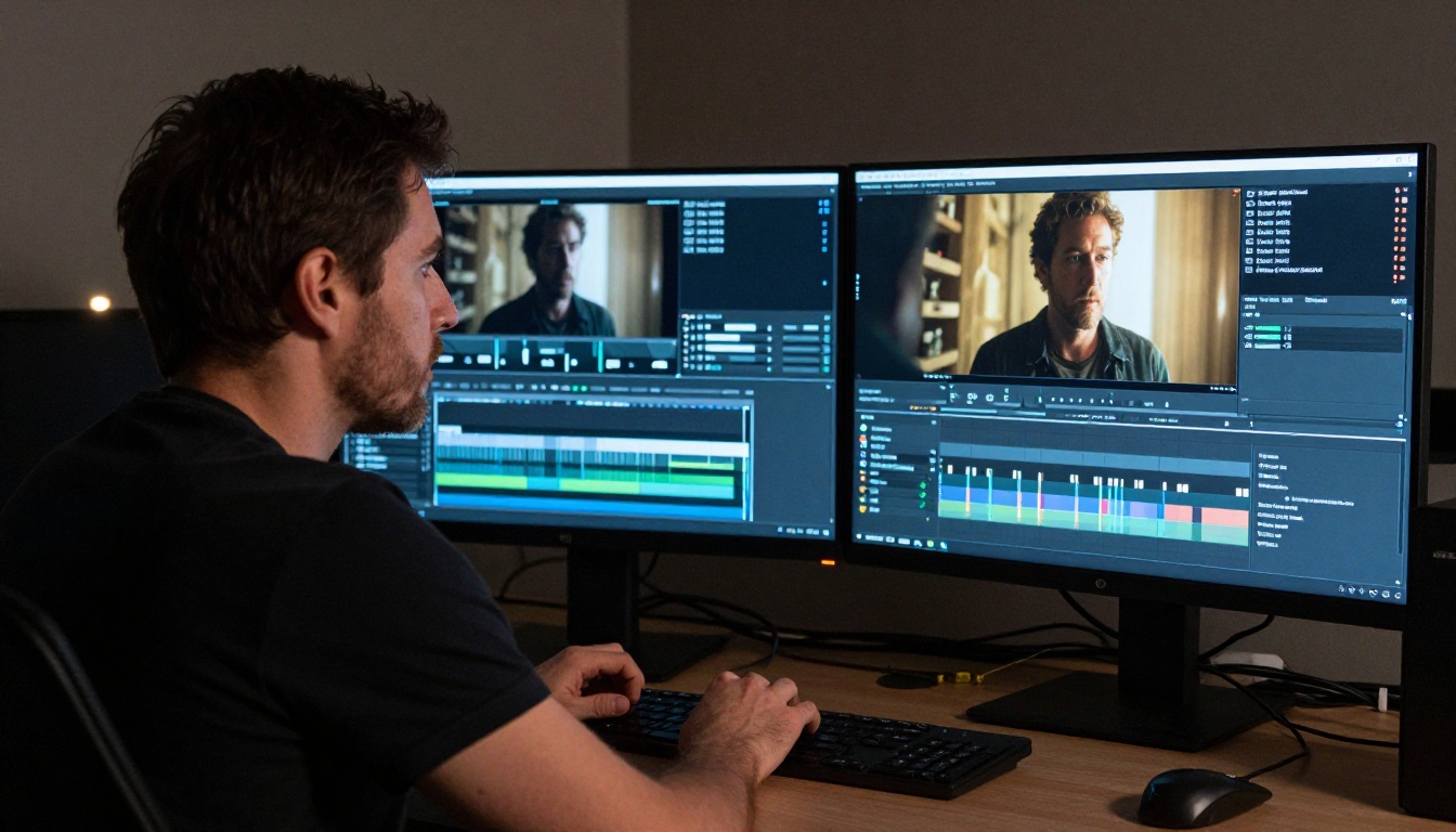 Video editor comparing raw and graded footage on dual reference monitors