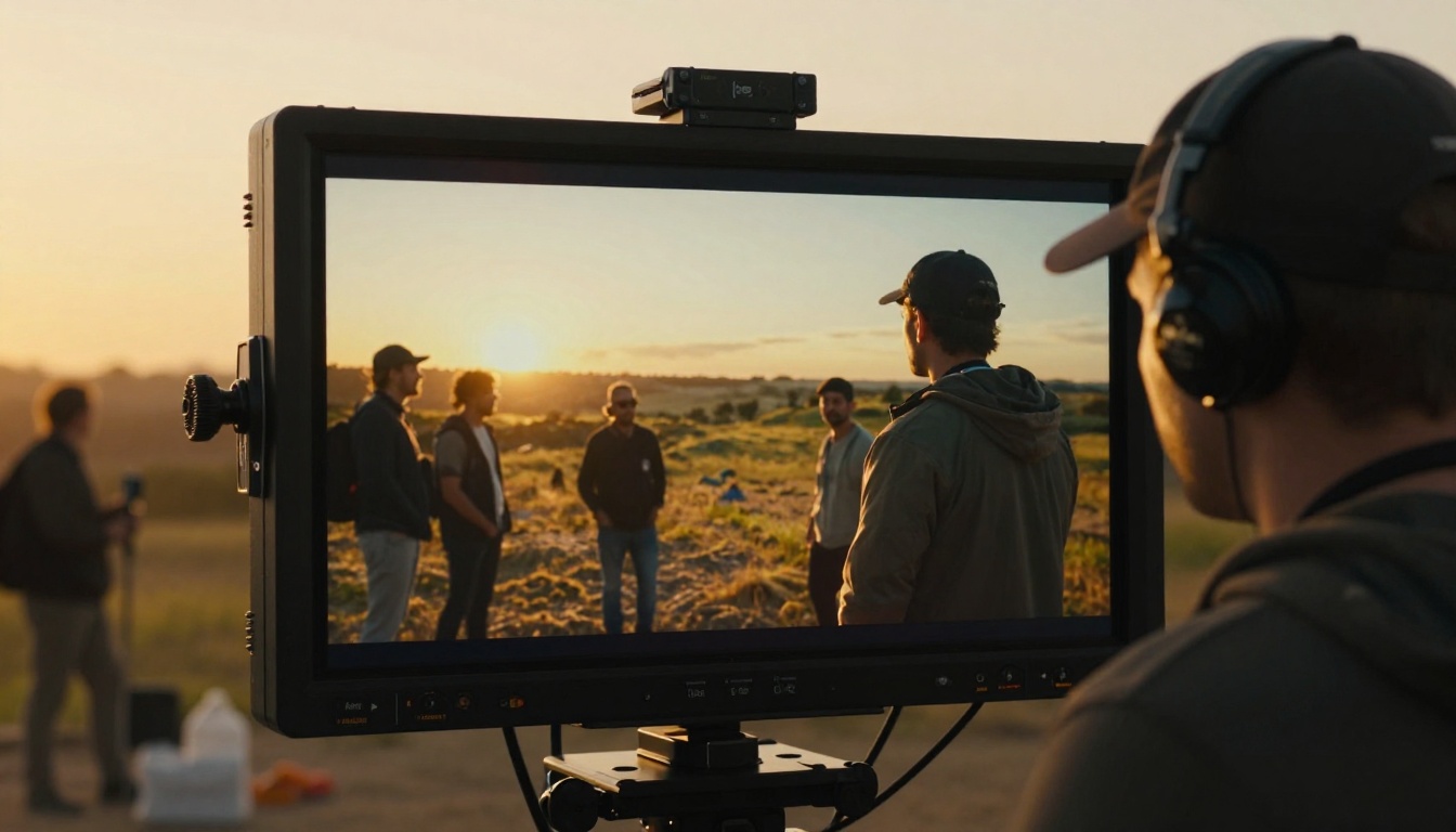 Film director reviewing footage on an outdoor monitor at sunrise