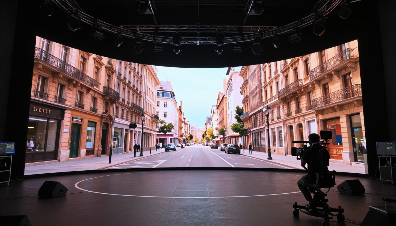Wide shot of a professional LED volume stage with curved display walls