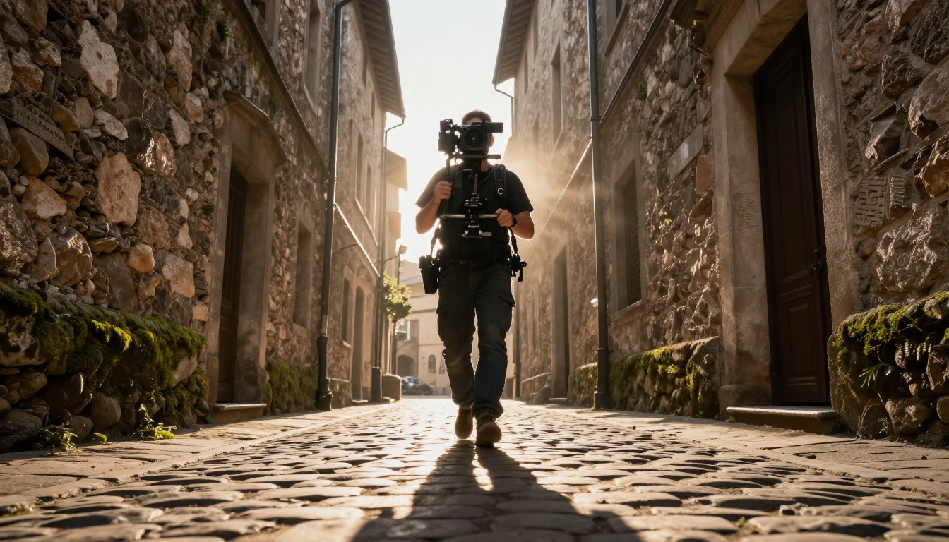 Low-angle shot of a camera operator walking through a stone alley with strong backlight