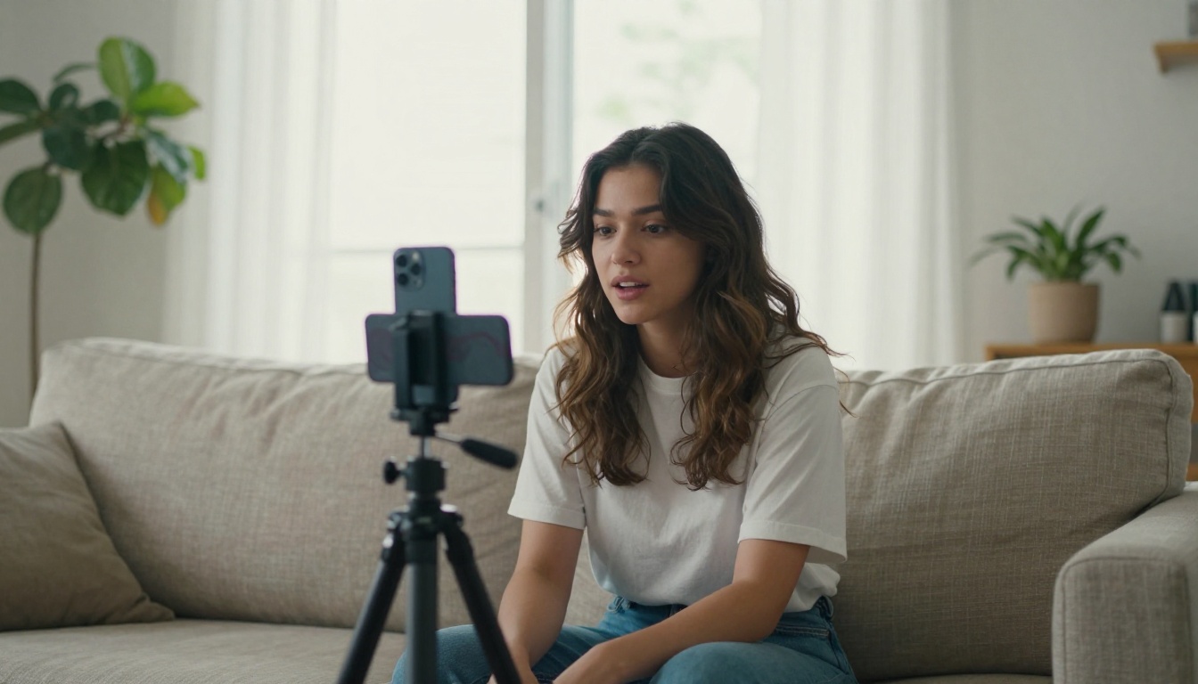 Young woman filming herself with smartphone on tripod in bright modern apartment Young woman filming herself with smartphone on tripod in bright modern apartment
