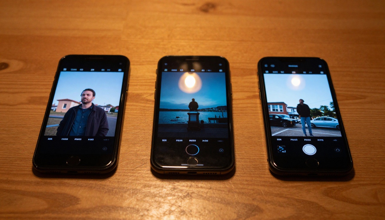 Three smartphones on wooden table each displaying different AI video thumbnails Three smartphones on wooden table each displaying different AI video thumbnails