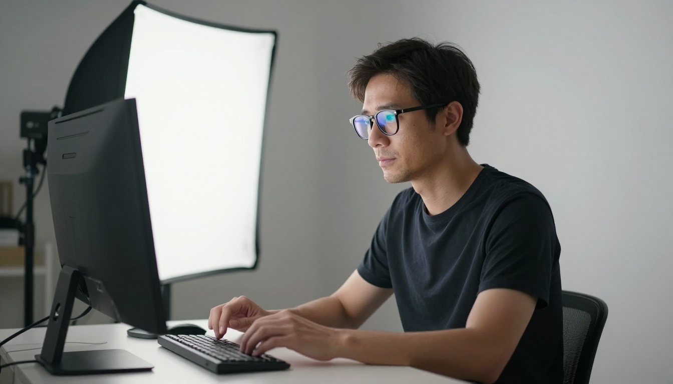 Content creator in studio editing vertical videos at standing desk with softbox light Content creator in studio editing vertical videos at standing desk with softbox light