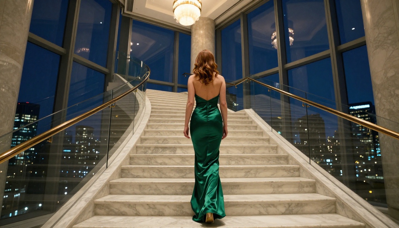 Elegant woman descending a grand marble penthouse staircase in a backless emerald evening dress at night