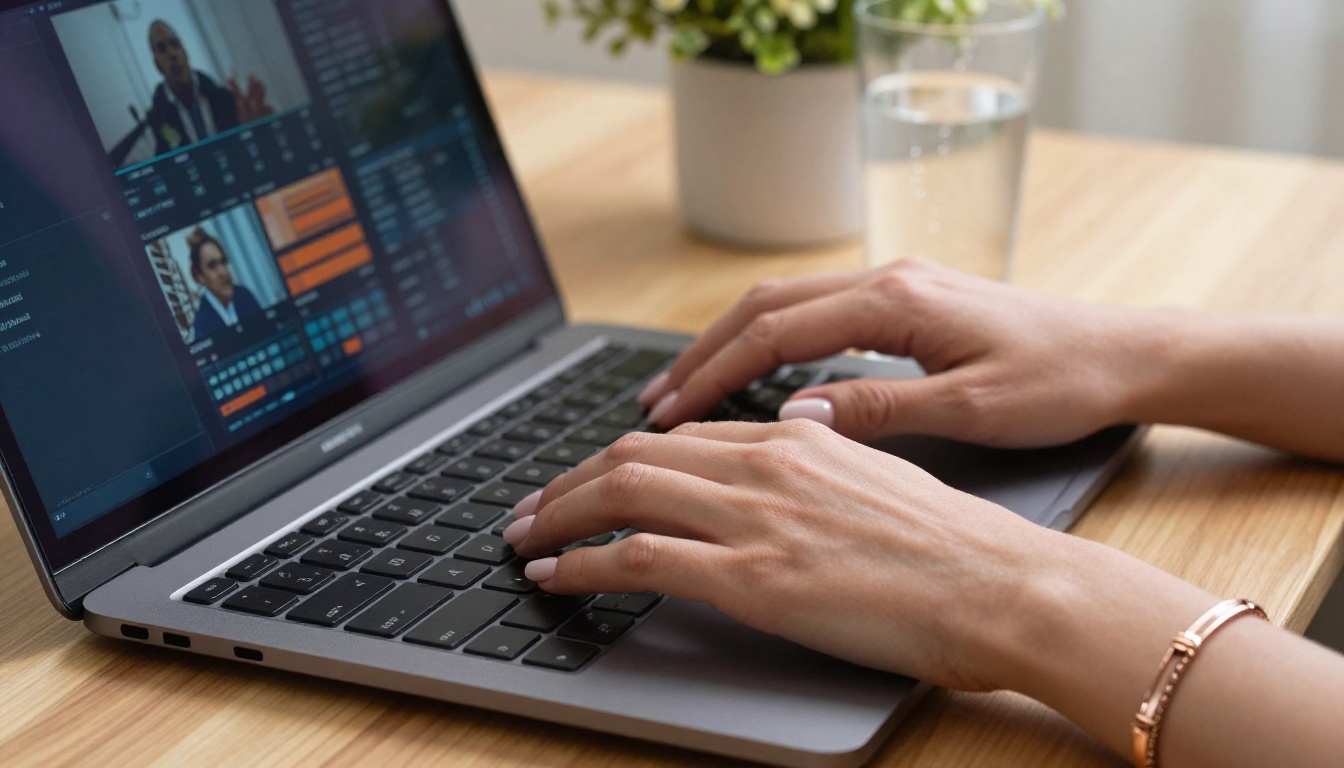 Woman's hands typing on a sleek black laptop with AI video generation interface visible on screen