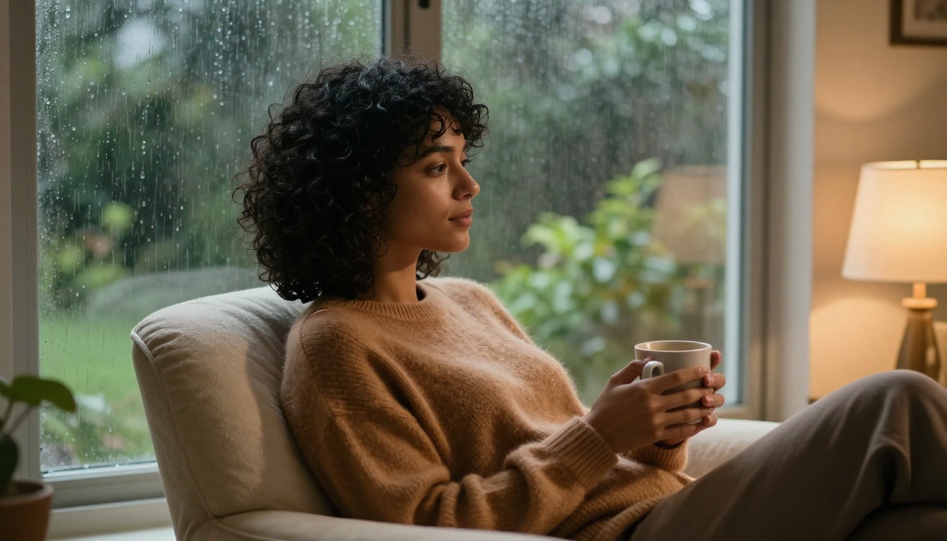 Woman with natural curly hair in a caramel cashmere sweater reclining by a rain-streaked window with warm interior lighting