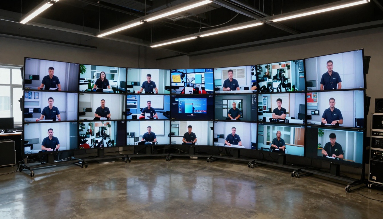 Television broadcast studio with curved arc of screens showing AI video clips at different stages Television broadcast studio with curved arc of screens showing AI video clips at different stages
