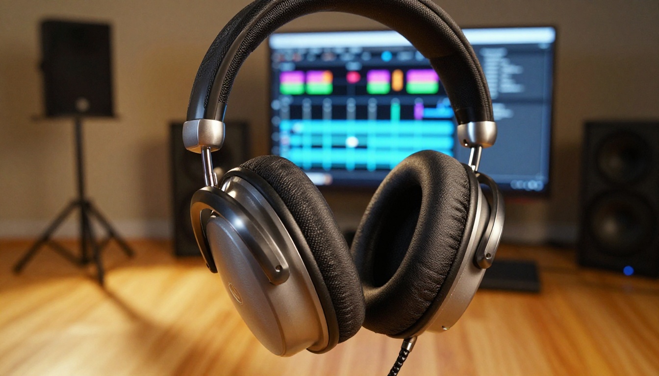 Professional studio headphones hanging from microphone stand with video dashboard in background Professional studio headphones hanging from microphone stand with video dashboard in background