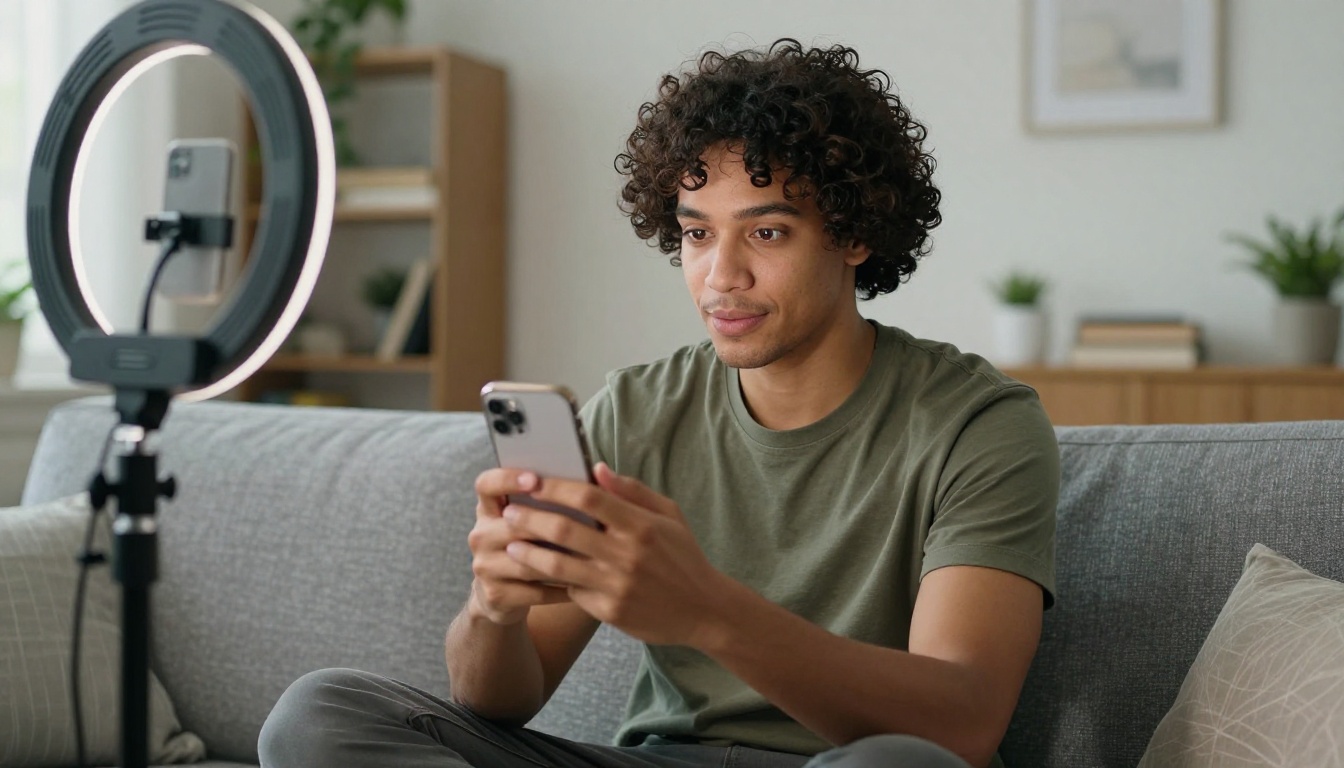 Social media content creator recording video on smartphone in bright naturally-lit apartment Social media content creator recording video on smartphone in bright naturally-lit apartment