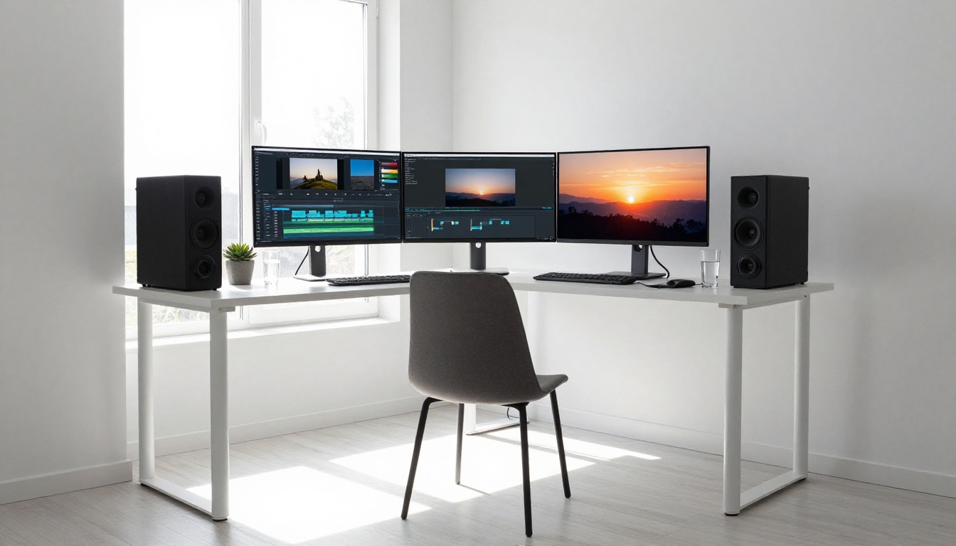 Minimalist home office with dual monitors showing video timeline and completed sunset landscape frame Minimalist home office with dual monitors showing video timeline and completed sunset landscape frame