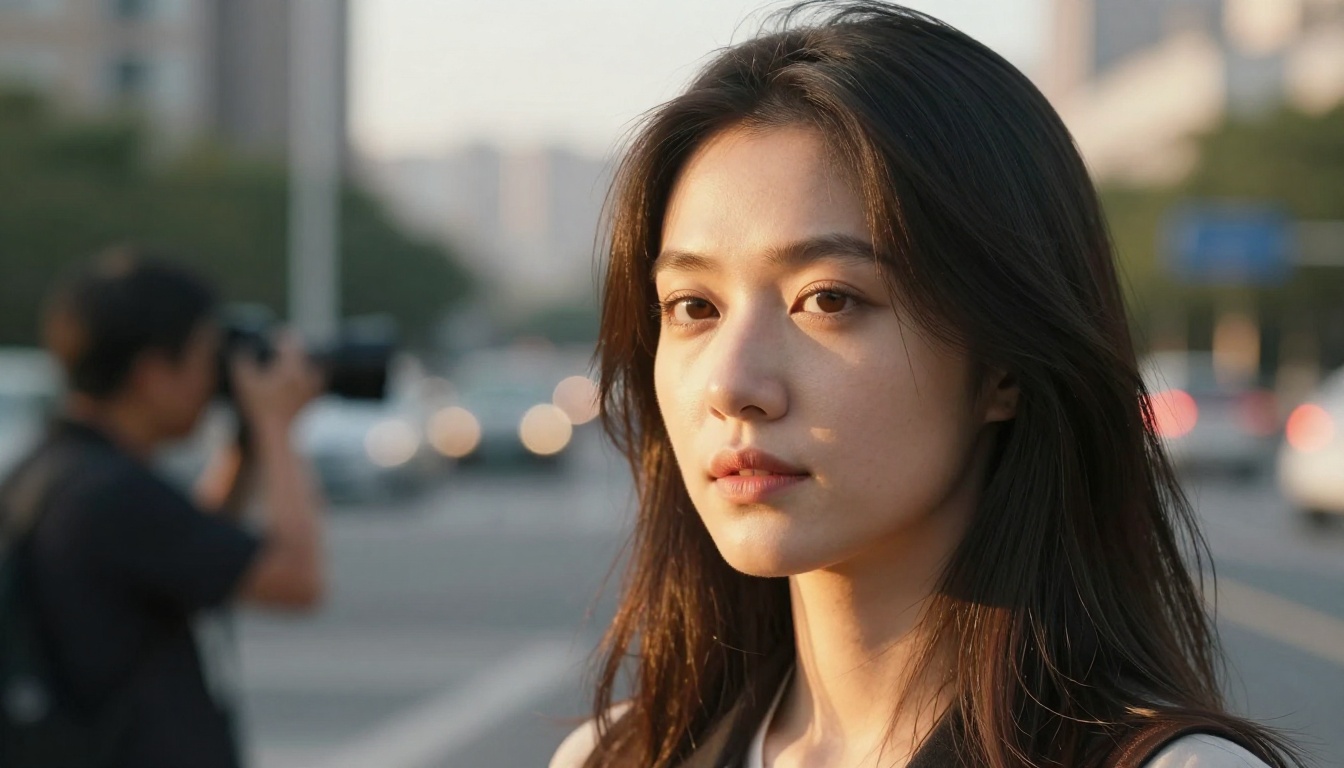 Outdoor portrait photography session with golden hour rim lighting and bokeh city background