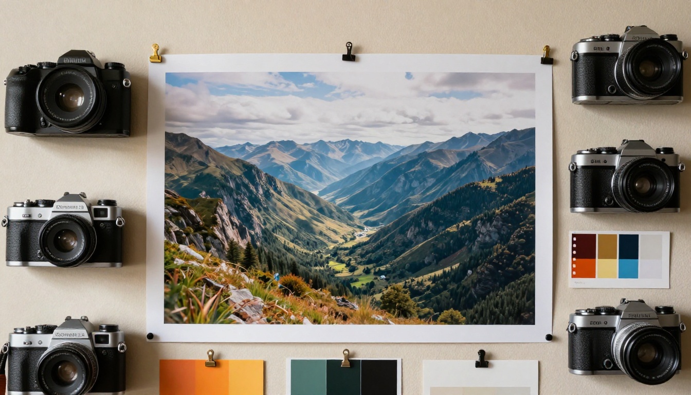 Landscape photograph pinned to mood board wall surrounded by film cameras and color swatches in warm studio