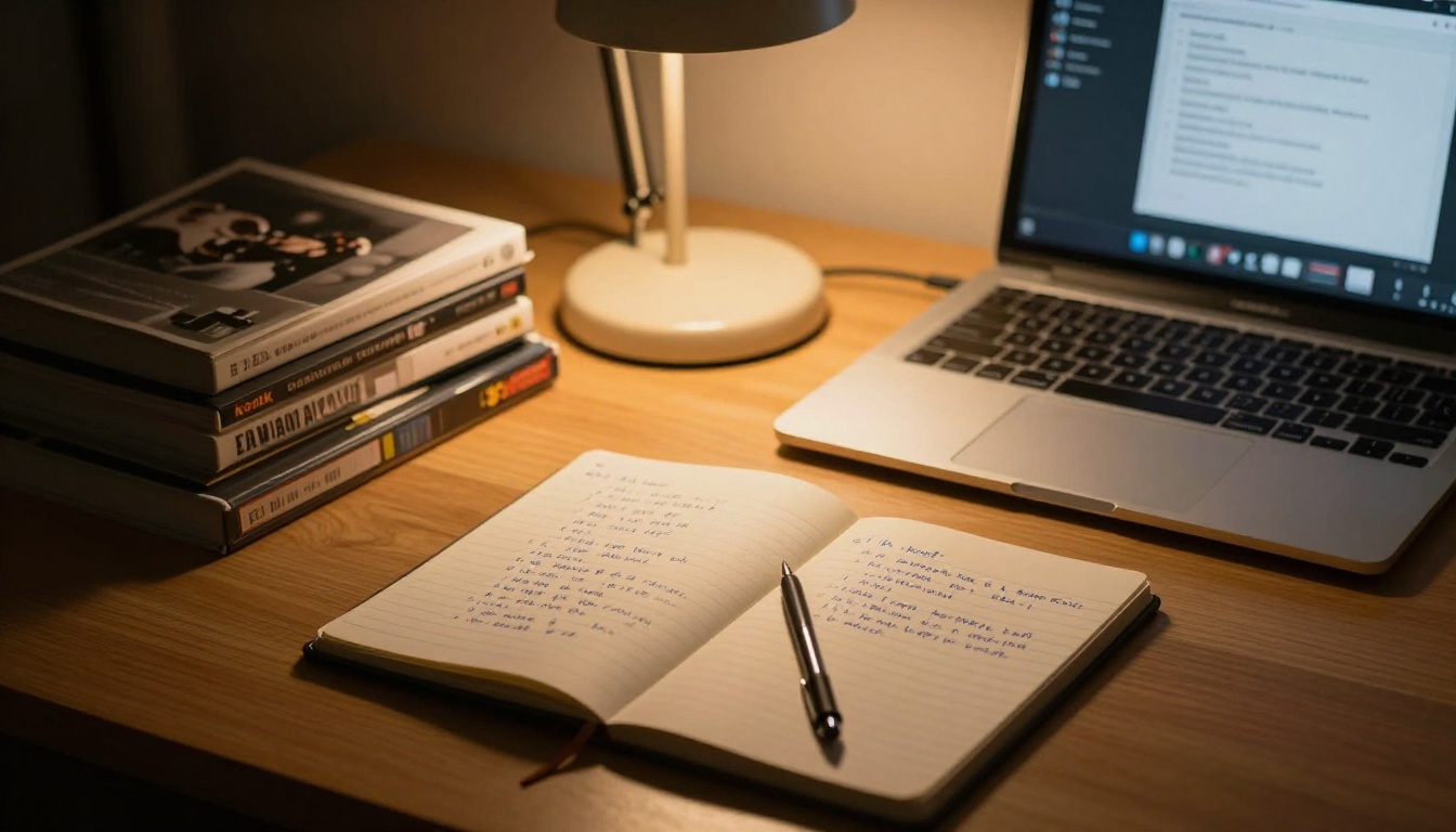 Writer's desk at night with amber desk lamp, open notebook with handwritten prompt notes, and laptop showing generation interface