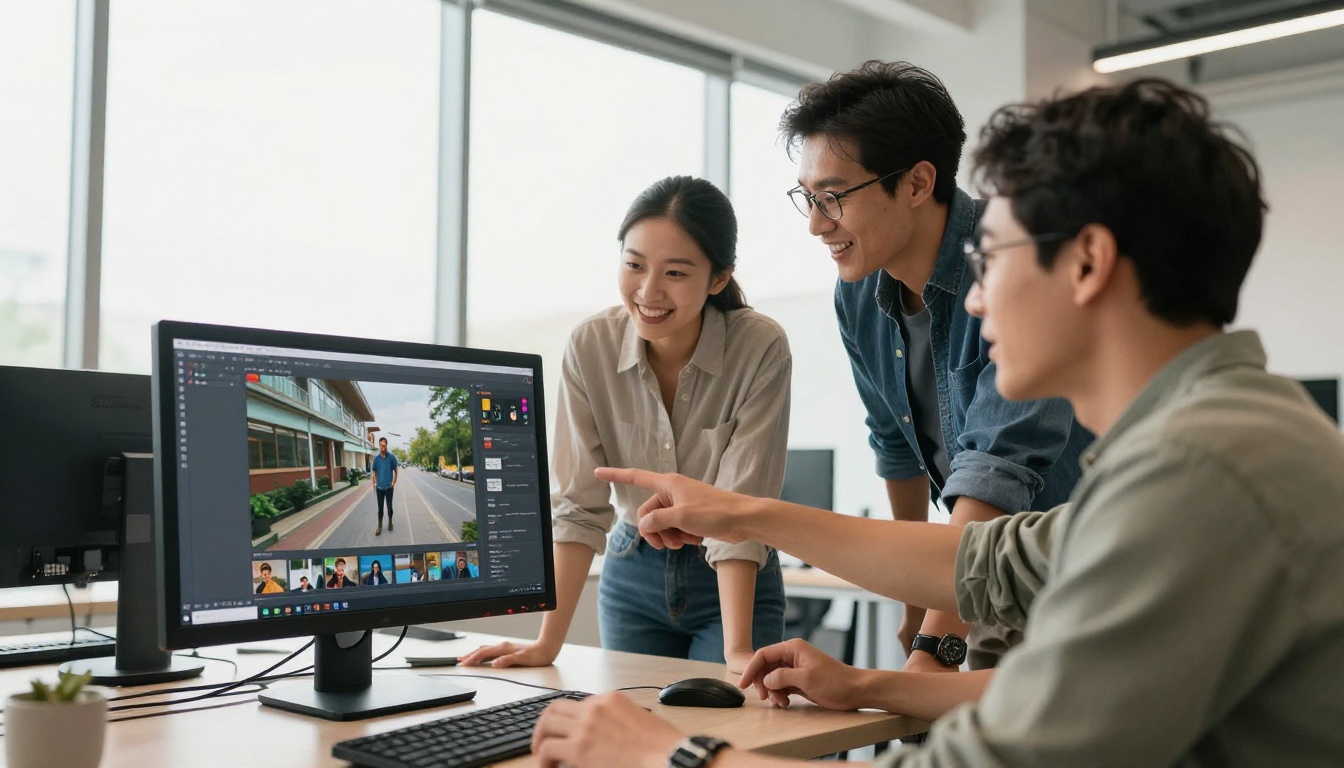 Three creative professionals gathered around widescreen monitor reviewing AI video content together in bright modern office