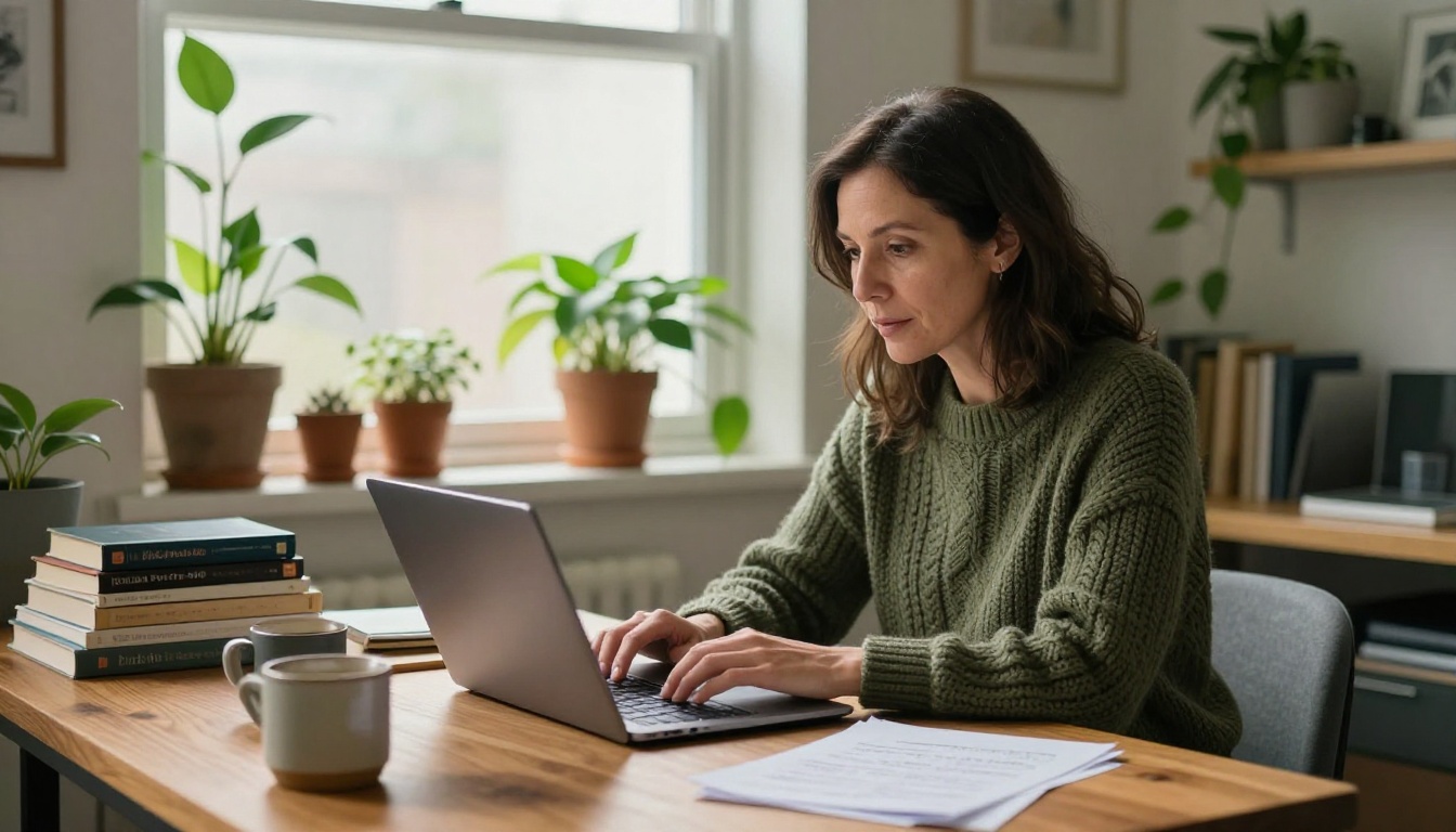 Environmental portrait of a woman in a home office demonstrating natural depth and context Environmental portrait of a woman in a home office demonstrating natural depth and context